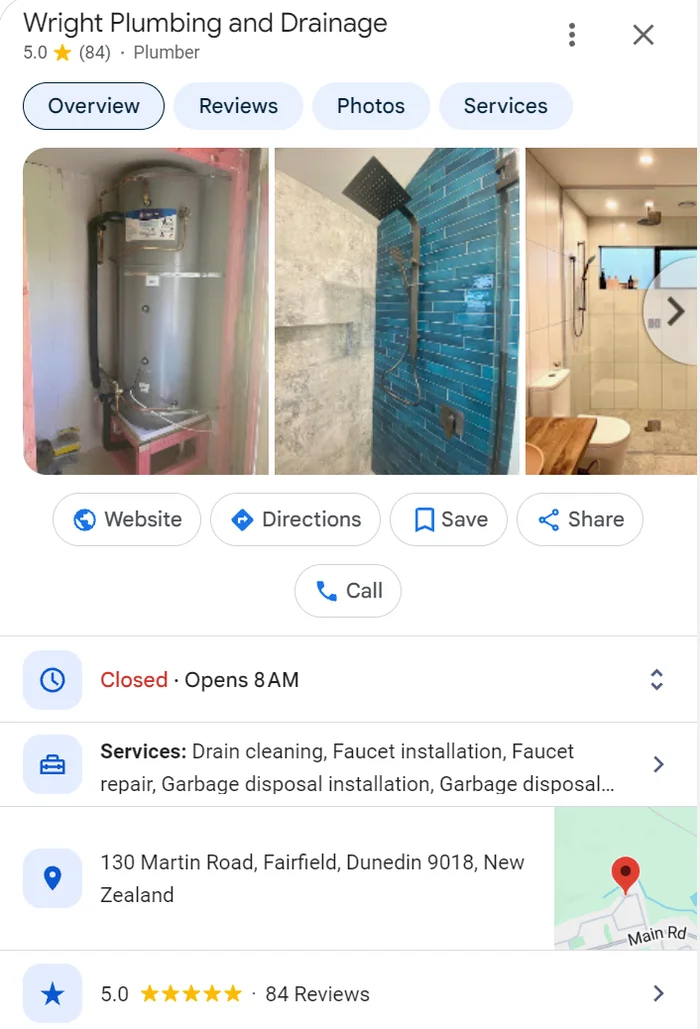 Wright Plumbing and Drainage Google profile with a 5.0 rating and photos of a hot water cylinder and tiled showers