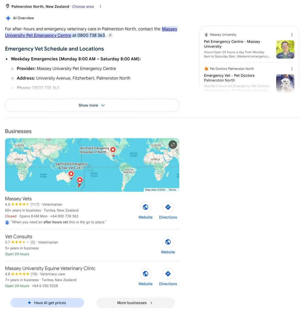 Google results for after hours vet Palmerston North with an AI Overview naming the Massey Pet Emergency Centre and a business map showing clinics overseas