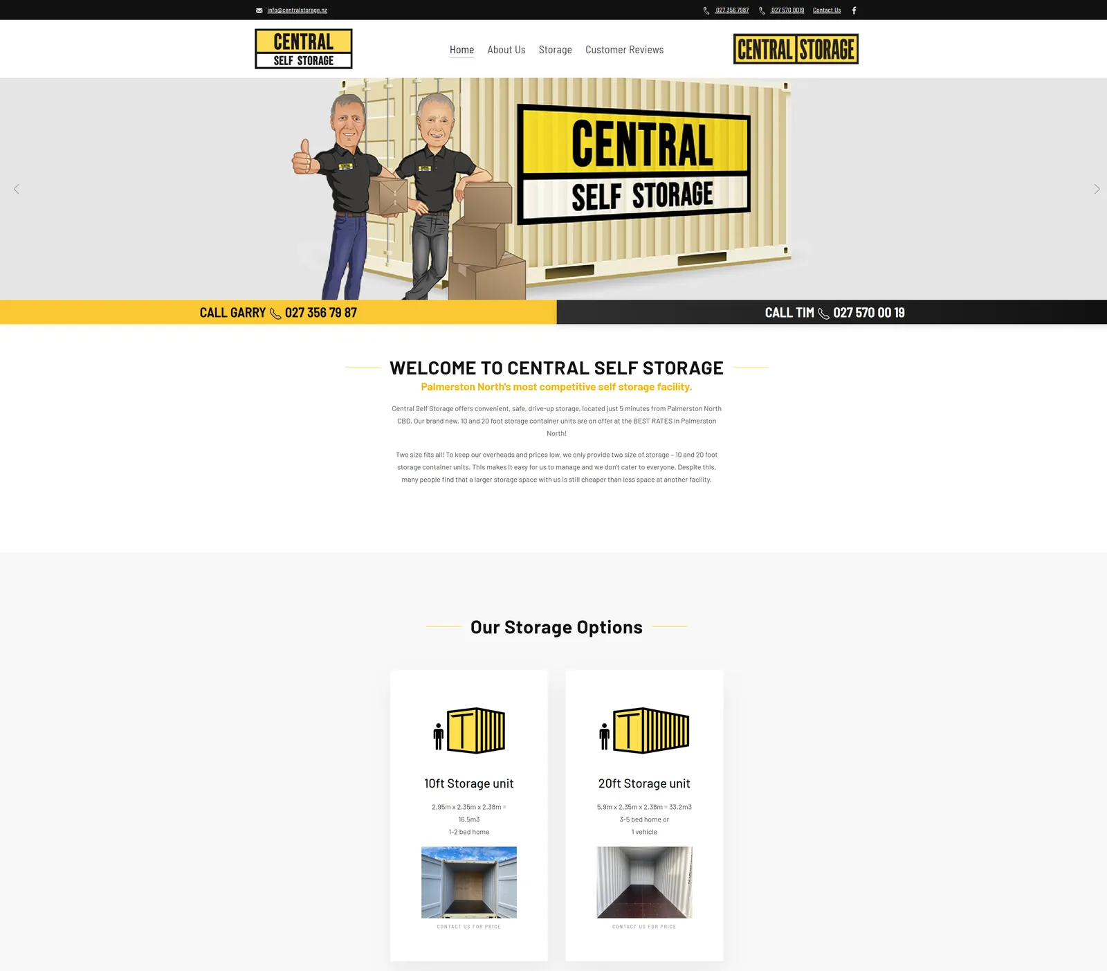 Central Self Storage home page with a cartoon of the two owners, phone numbers and 10 ft and 20 ft container options