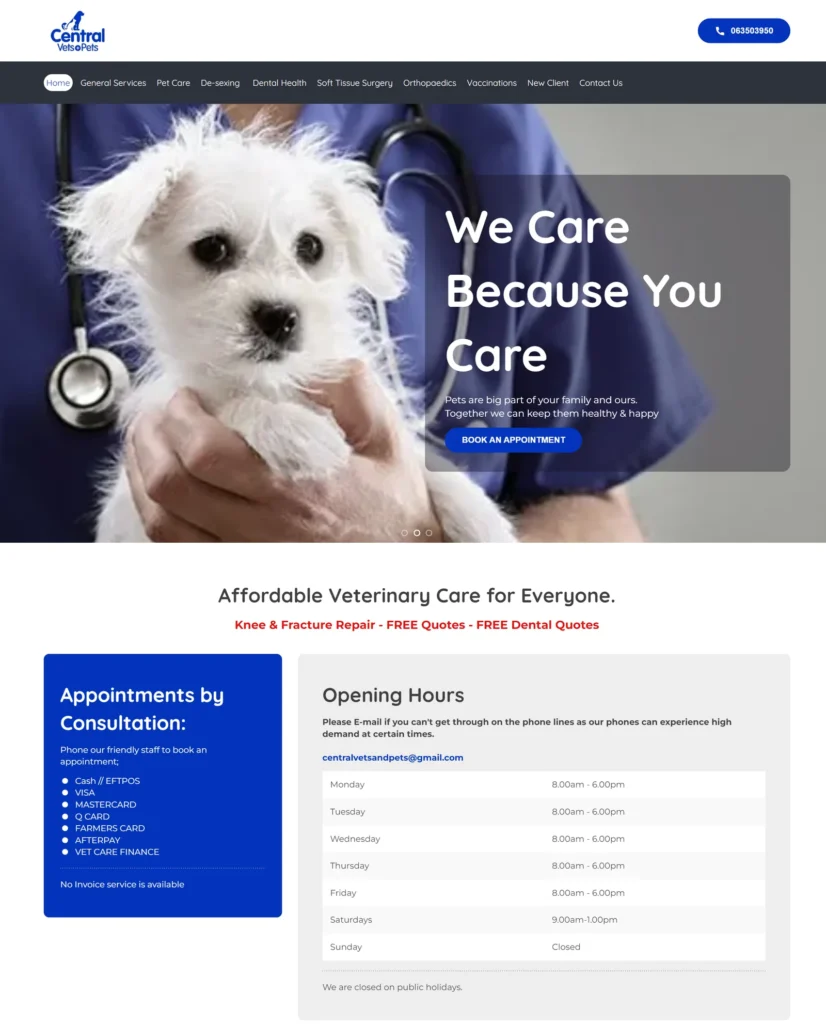 Central Vets home page with the headline Affordable Veterinary Care for Everyone, payment options and opening hours