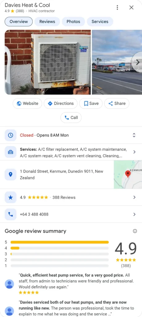 Davies Heat and Cool Google profile with a 4.9 rating from 388 reviews