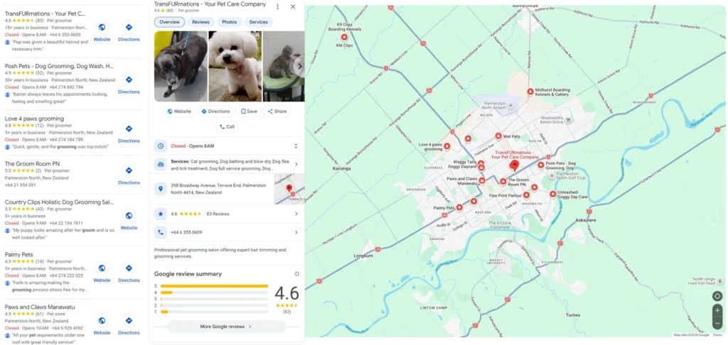 Google Maps list of dog groomers in Palmerston North with TransFURmations' profile open and a map of the city