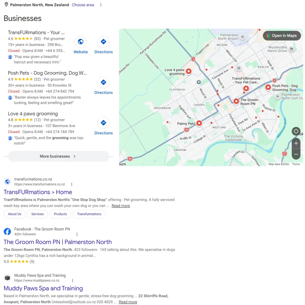 Google results for dog grooming Palmerston North with a map pack and TransFURmations, The Groom Room PN and Muddy Paws in the organic results