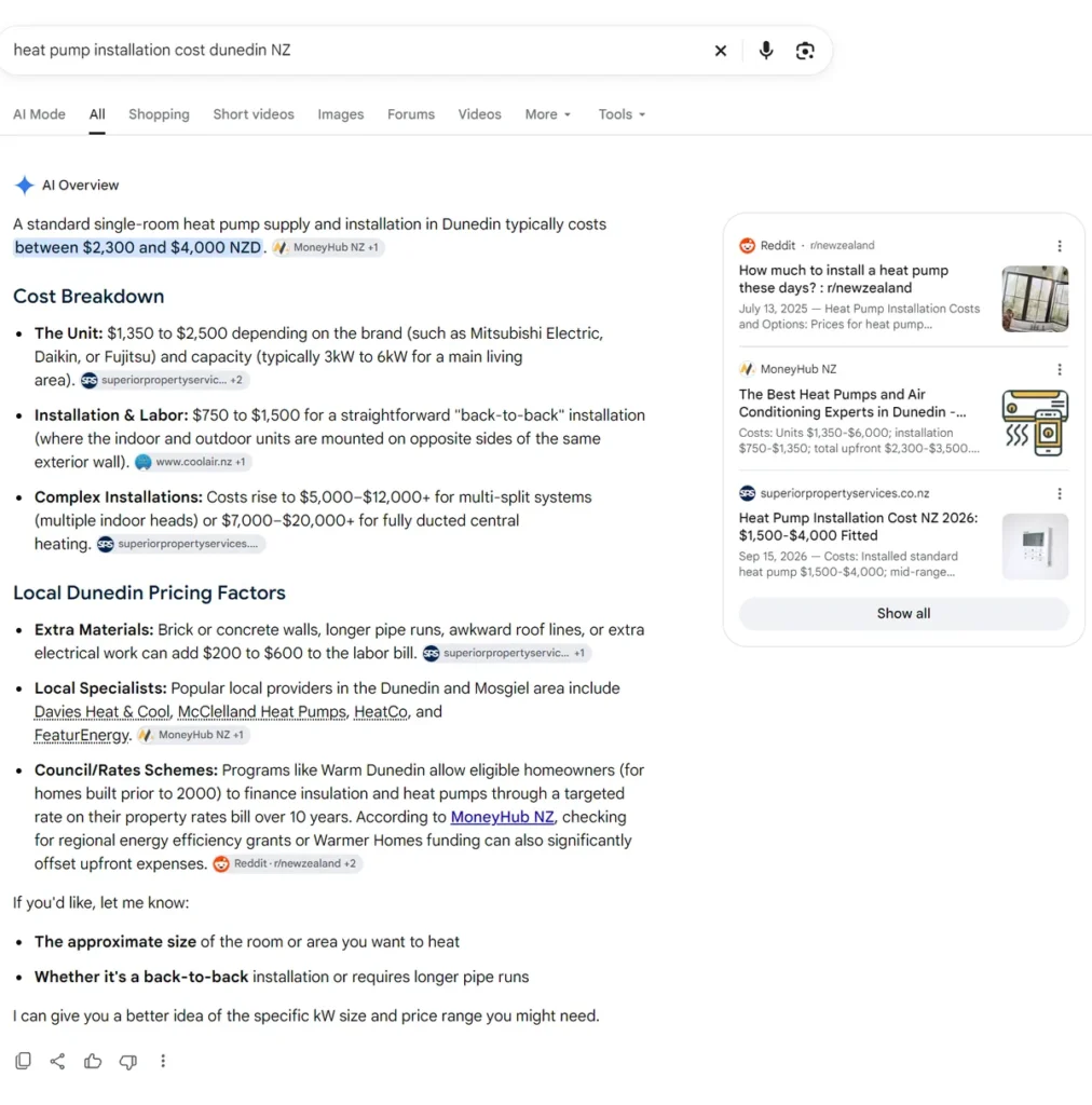 Google AI Overview summarising heat pump installation costs in Dunedin with local pricing factors