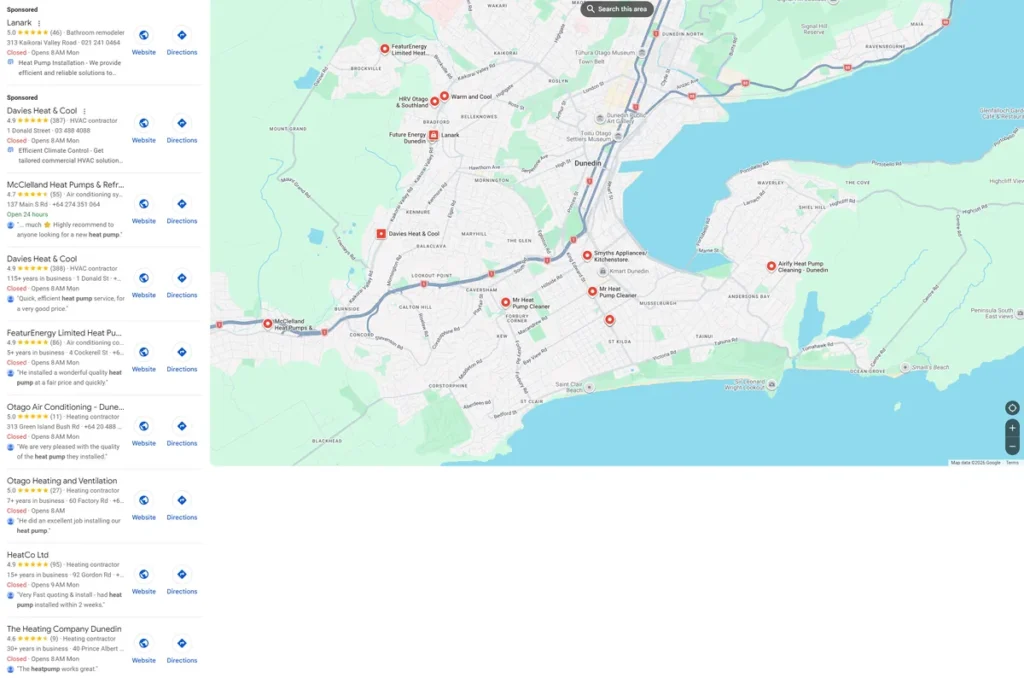Google Maps list of heat pump companies in Dunedin with ratings, reviews and a map