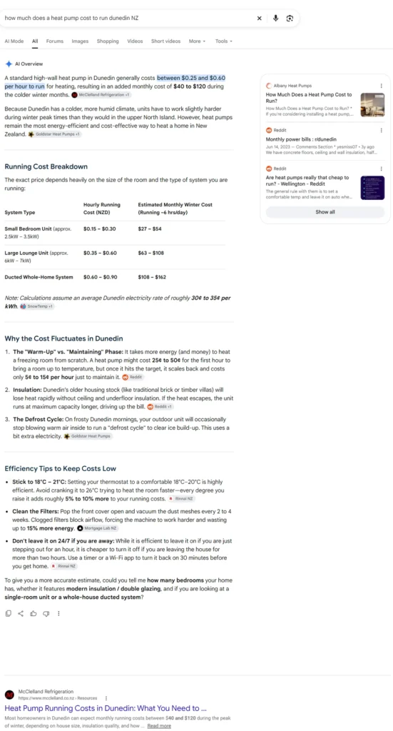 Google results for heat pump running costs in Dunedin with an AI Overview and a local installer's running cost page