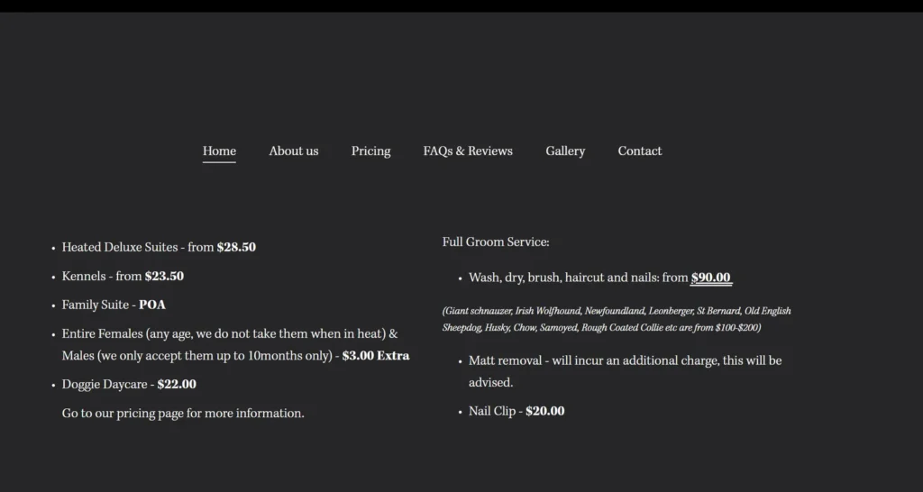 K9 Clipz home page section listing kennel prices and a full groom from 90 dollars