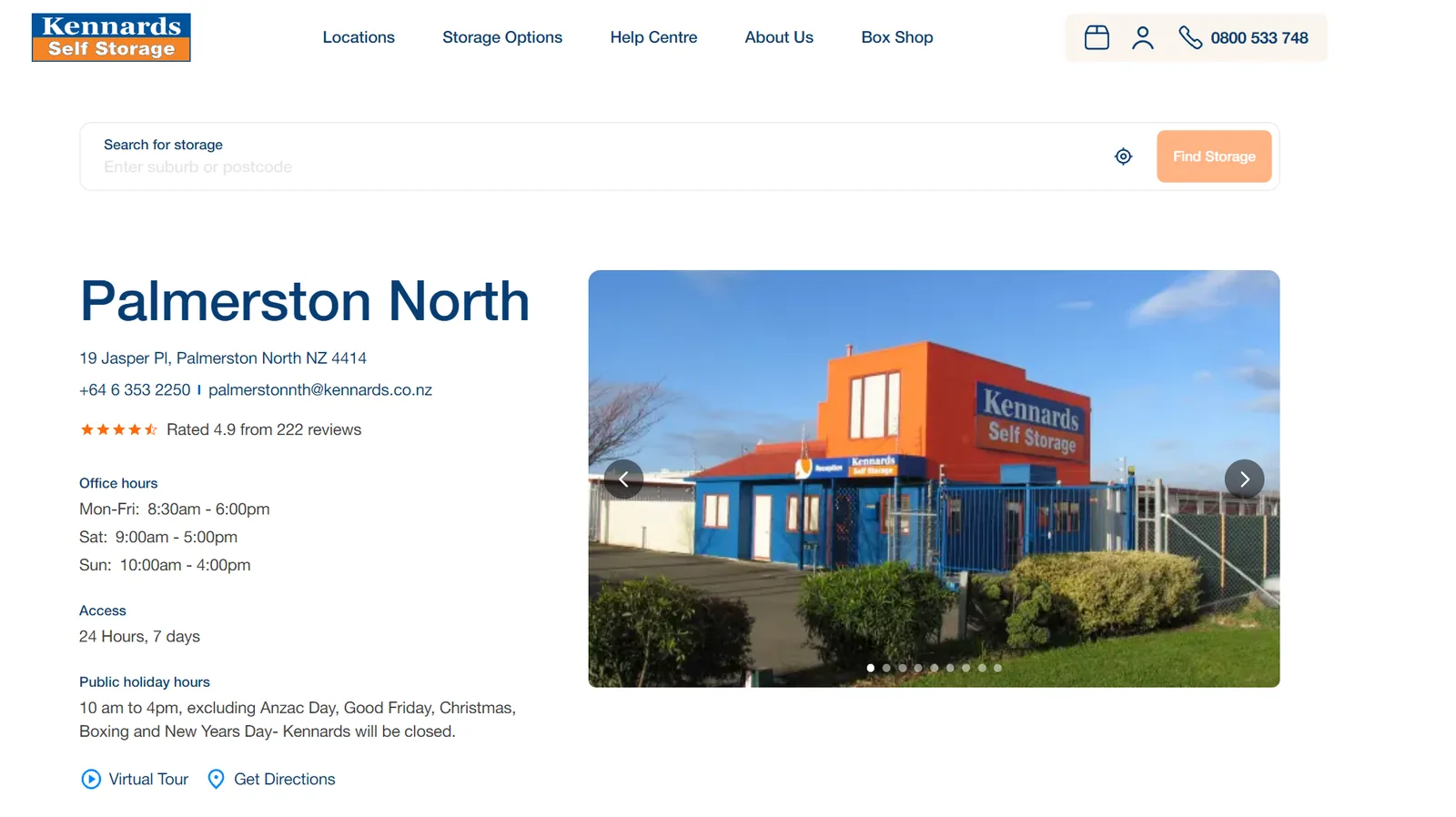 Kennards Self Storage Palmerston North page with address, office hours, 24/7 access and a photo of the facility