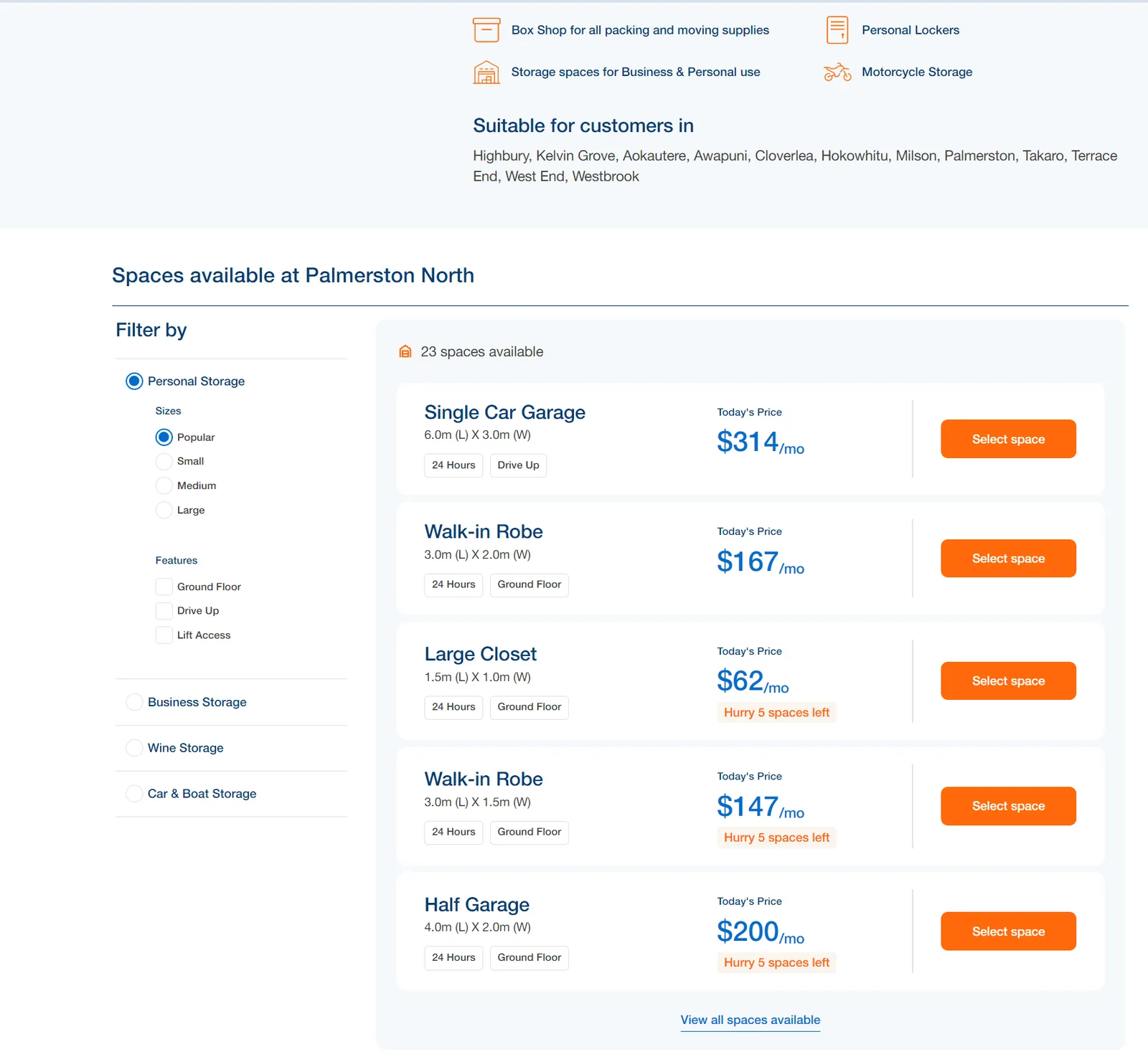 Kennards Palmerston North unit list with sizes and monthly prices from 62 to 314 dollars