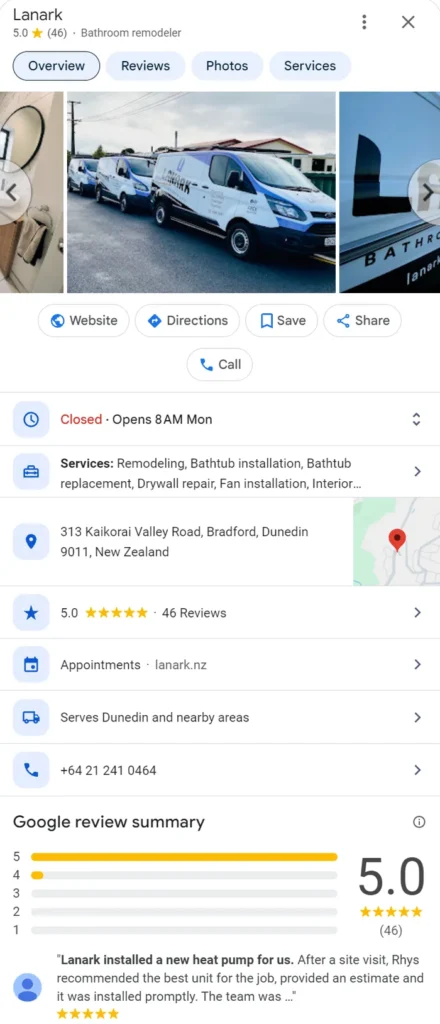 Lanark Google profile with a 5.0 rating from 46 reviews and a bathroom remodeler category