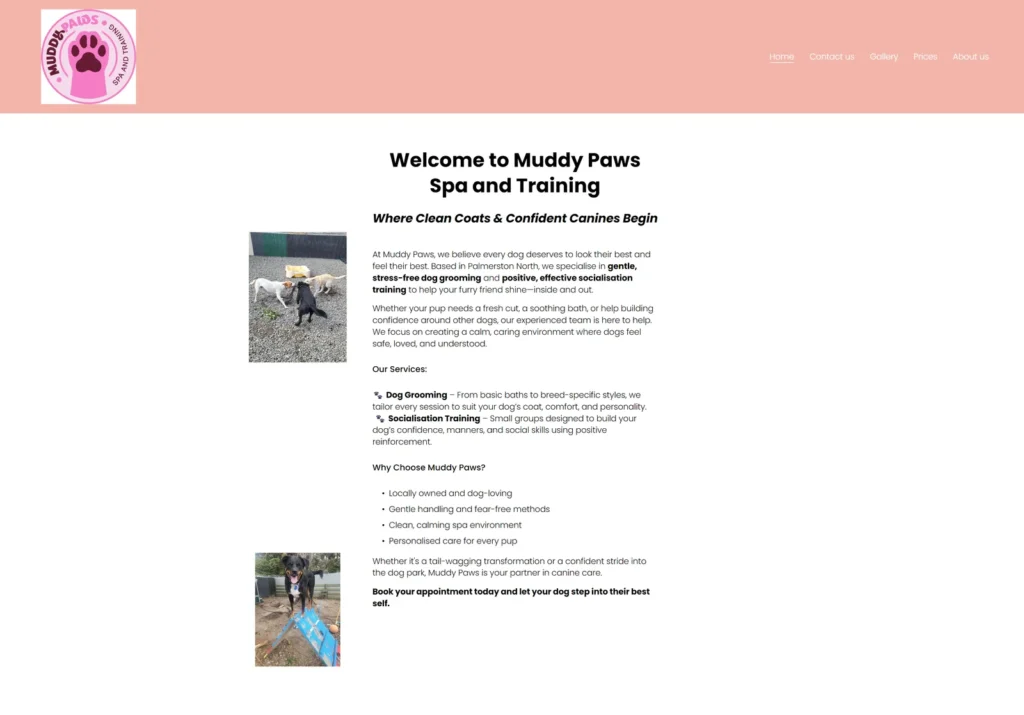 Muddy Paws Spa and Training home page in pink describing gentle dog grooming and socialisation training in Palmerston North