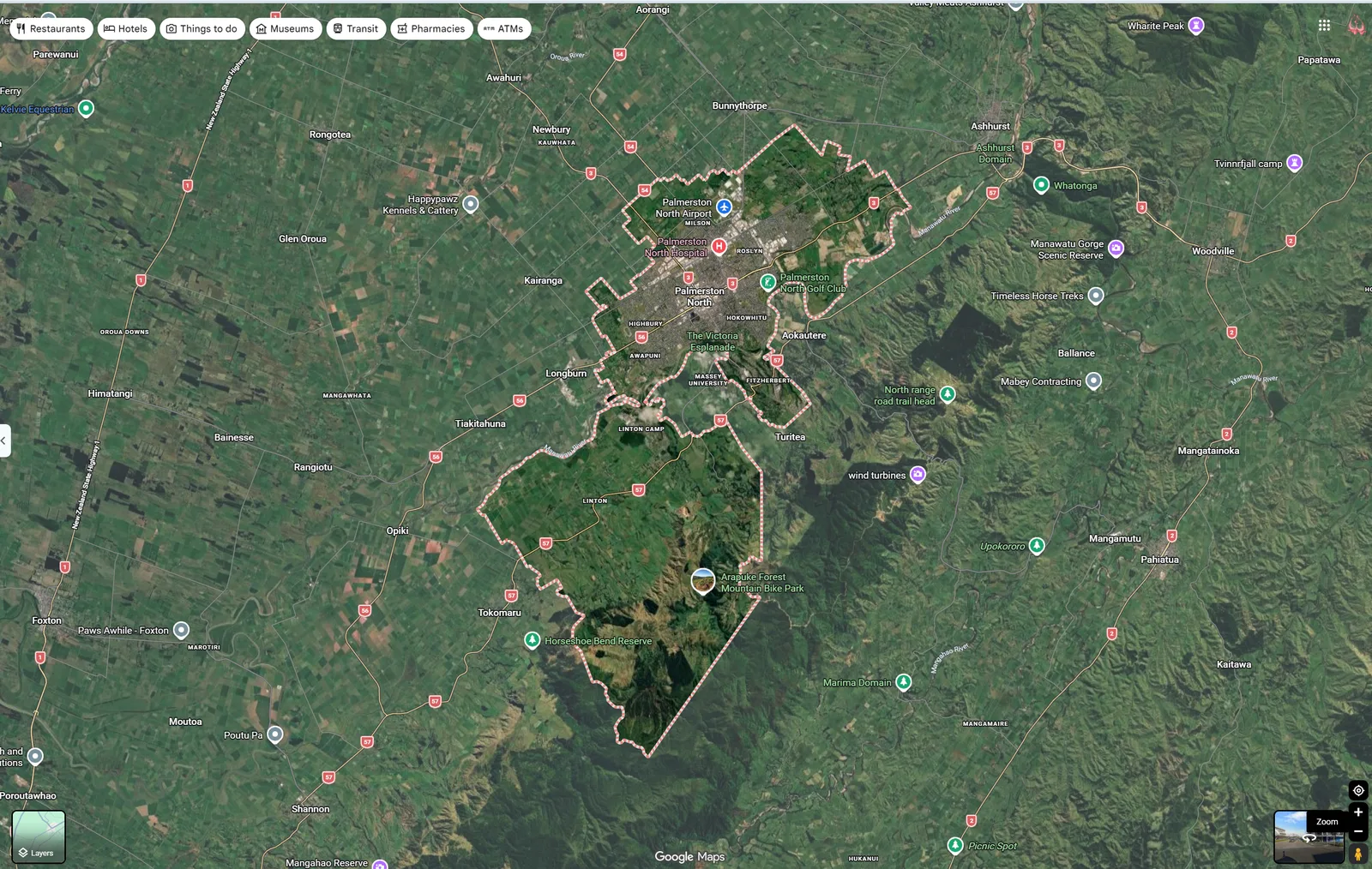 Satellite view of the Palmerston North city boundary on Google Maps, from the airport and Milson down to Linton and the ranges