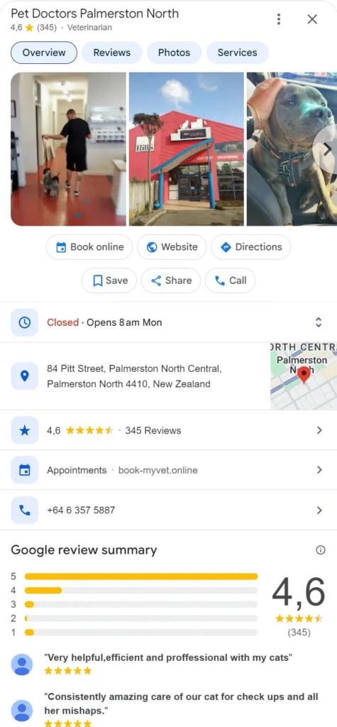 Pet Doctors Palmerston North Google profile with a 4.6 rating from 345 reviews and online appointments
