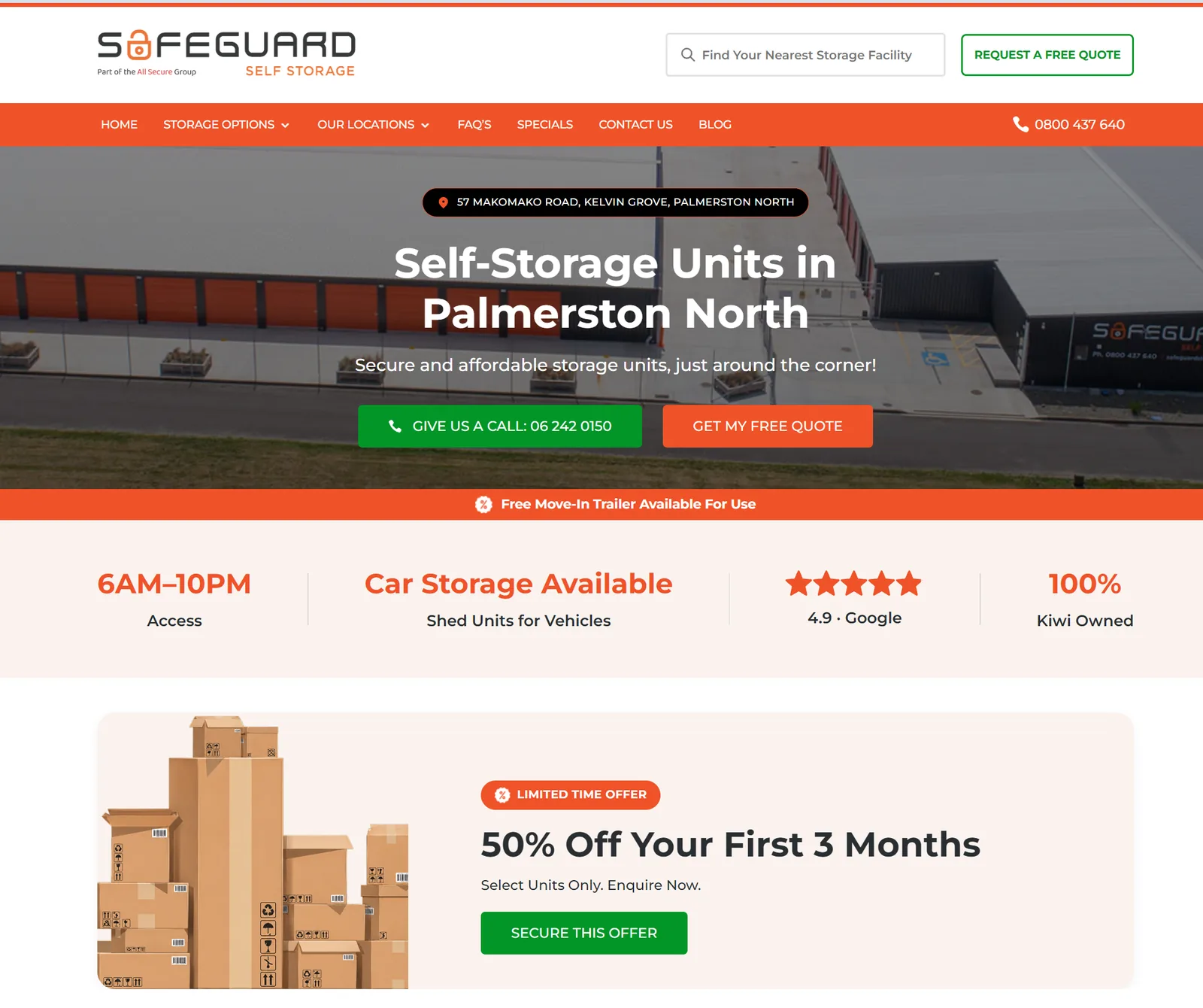 Safeguard Self Storage Palmerston North page with address, call buttons, free move-in trailer and a 50 percent off offer