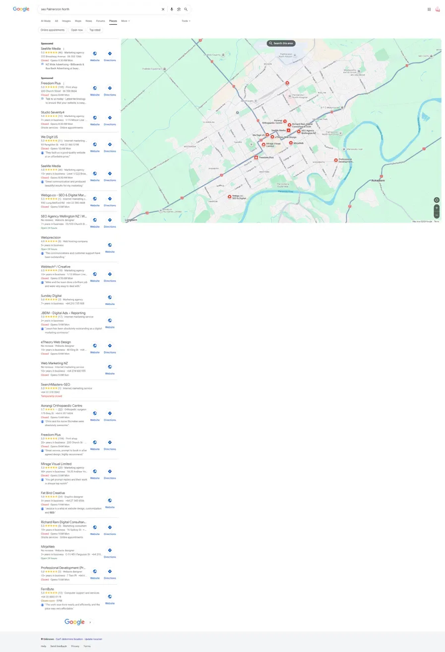 Google Maps results for SEO Palmerston North, October 2026