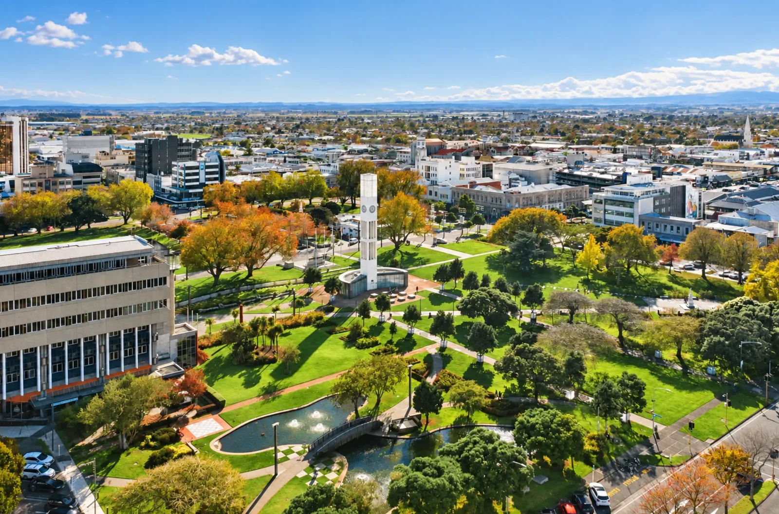 The Square in central Palmerston North with the clock tower and city centre