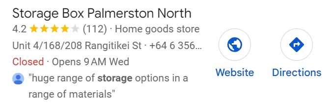 Storage Box Palmerston North listed as a home goods store in Google's storage unit results