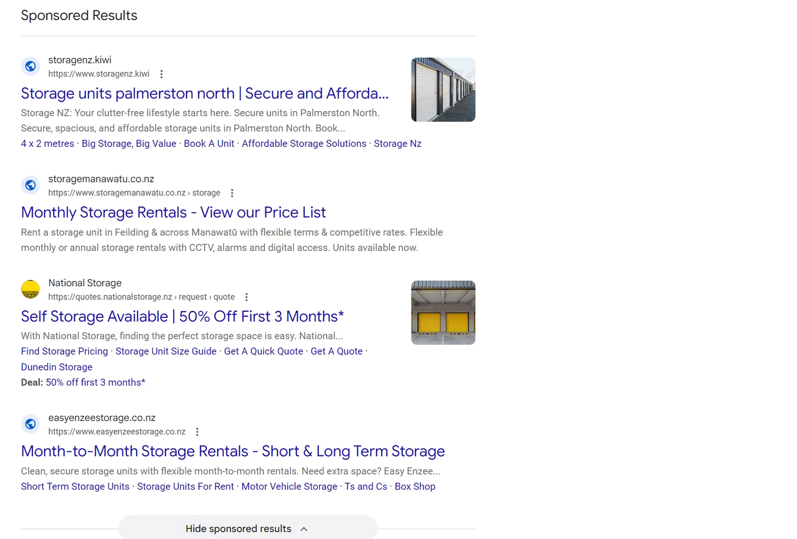 Four sponsored results for storage units Palmerston North including an ad with a Dunedin Storage link