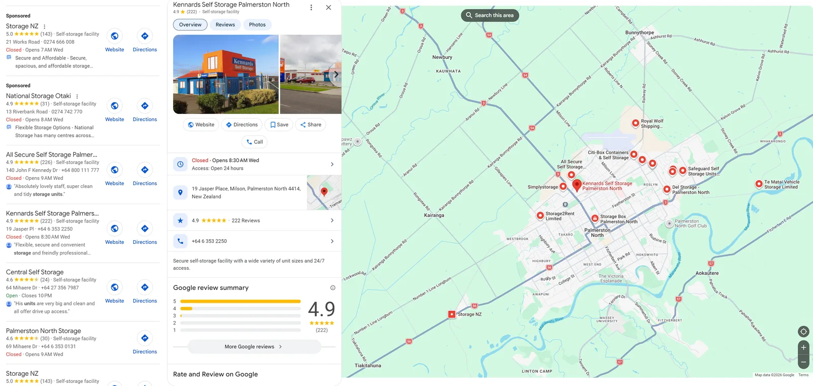 Google Maps list of storage facilities in Palmerston North with Kennards Self Storage's profile open and a city map