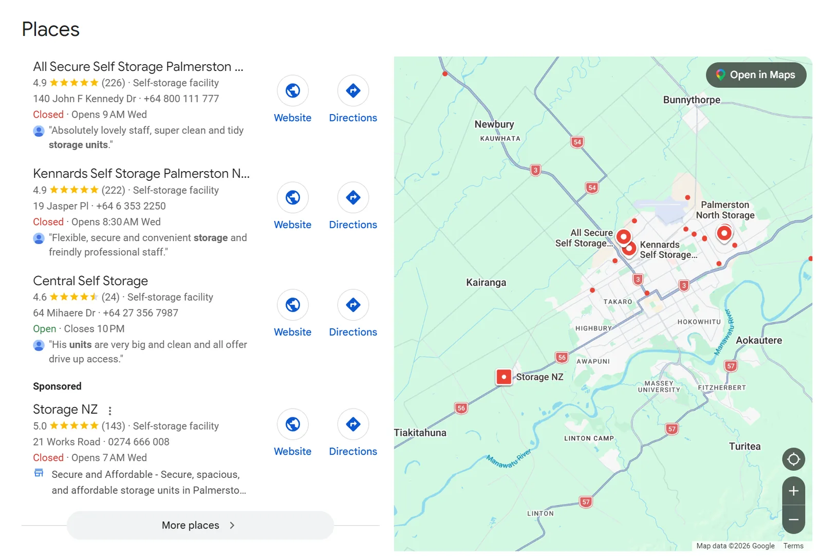 Google map pack for storage units Palmerston North with All Secure Self Storage, Kennards and Central Self Storage