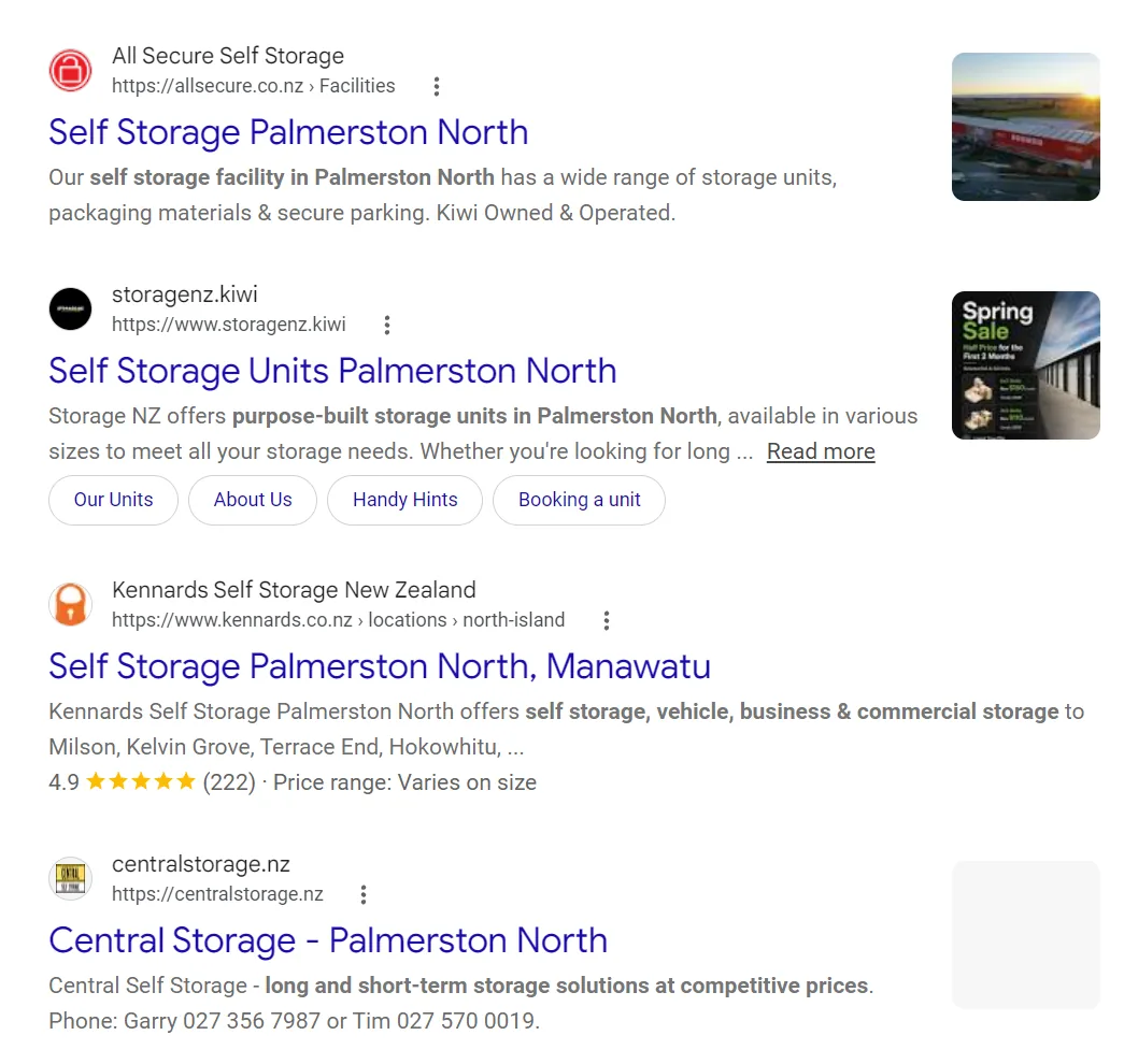 Organic Google results for storage units Palmerston North led by All Secure, Storage NZ, Kennards and Central Storage