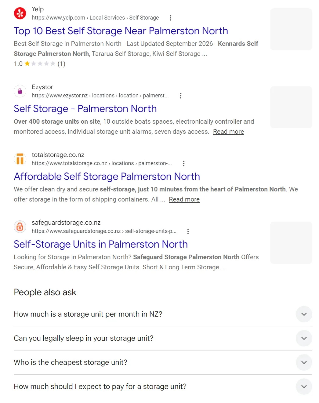 A Yelp list rated 1.0 and People also ask questions about storage unit prices and sleeping in a storage unit