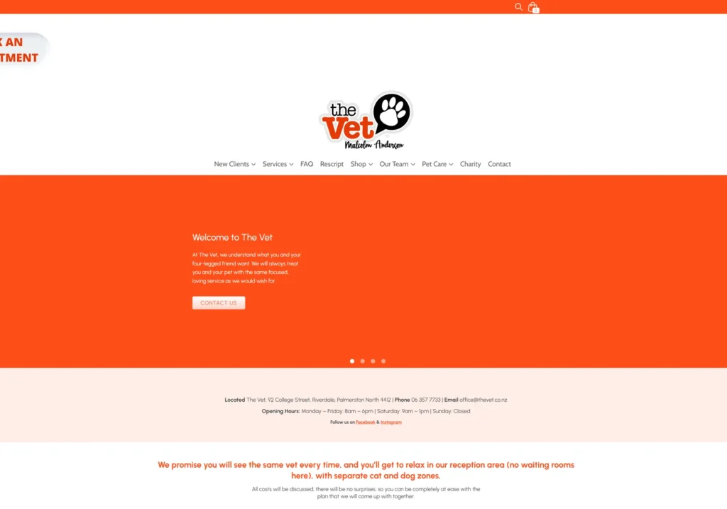The Vet home page with an orange welcome banner and the same-vet-every-time promise further down