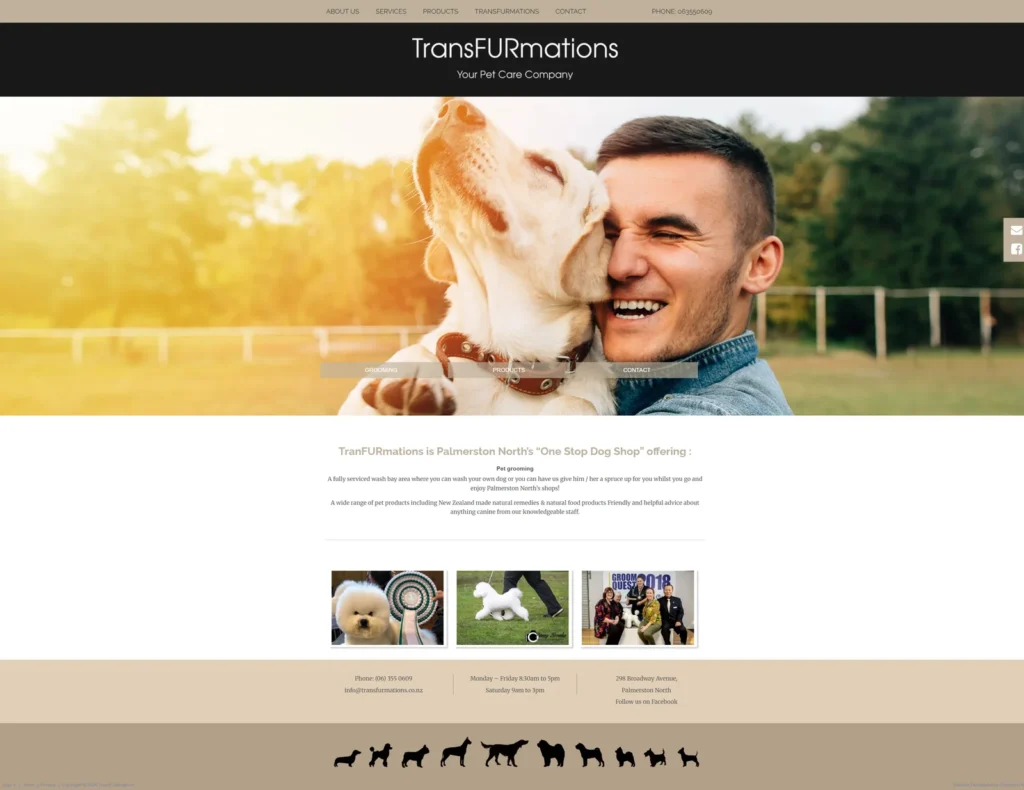 TransFURmations home page with a stock-style photo of a man and a dog and grooming award photos below