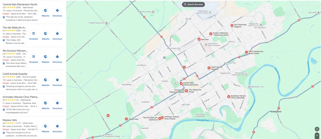 Google Maps list of vets in Palmerston North with ratings, review counts and clinic locations on a city map