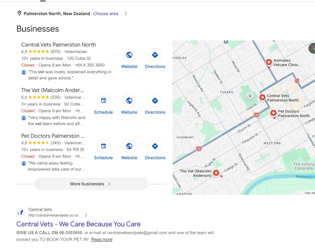Google map pack for vets Palmerston North showing Central Vets, The Vet (Malcolm Anderson) and Pet Doctors