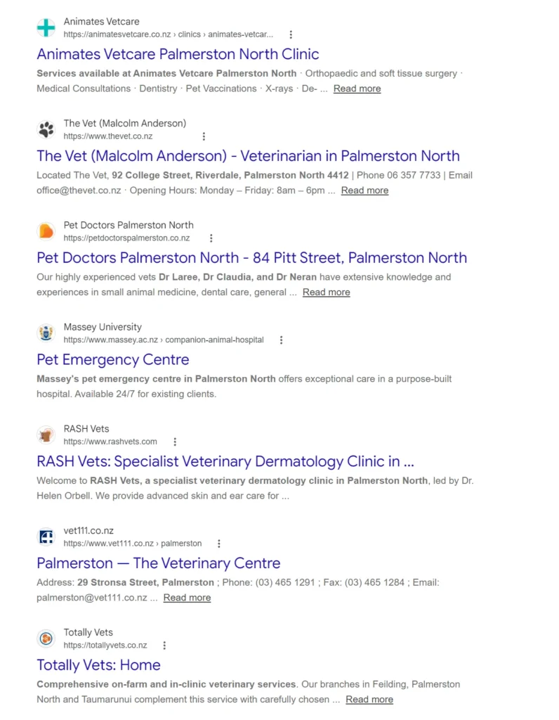 Google organic results for vets Palmerston North including a veterinary centre in Palmerston, Otago